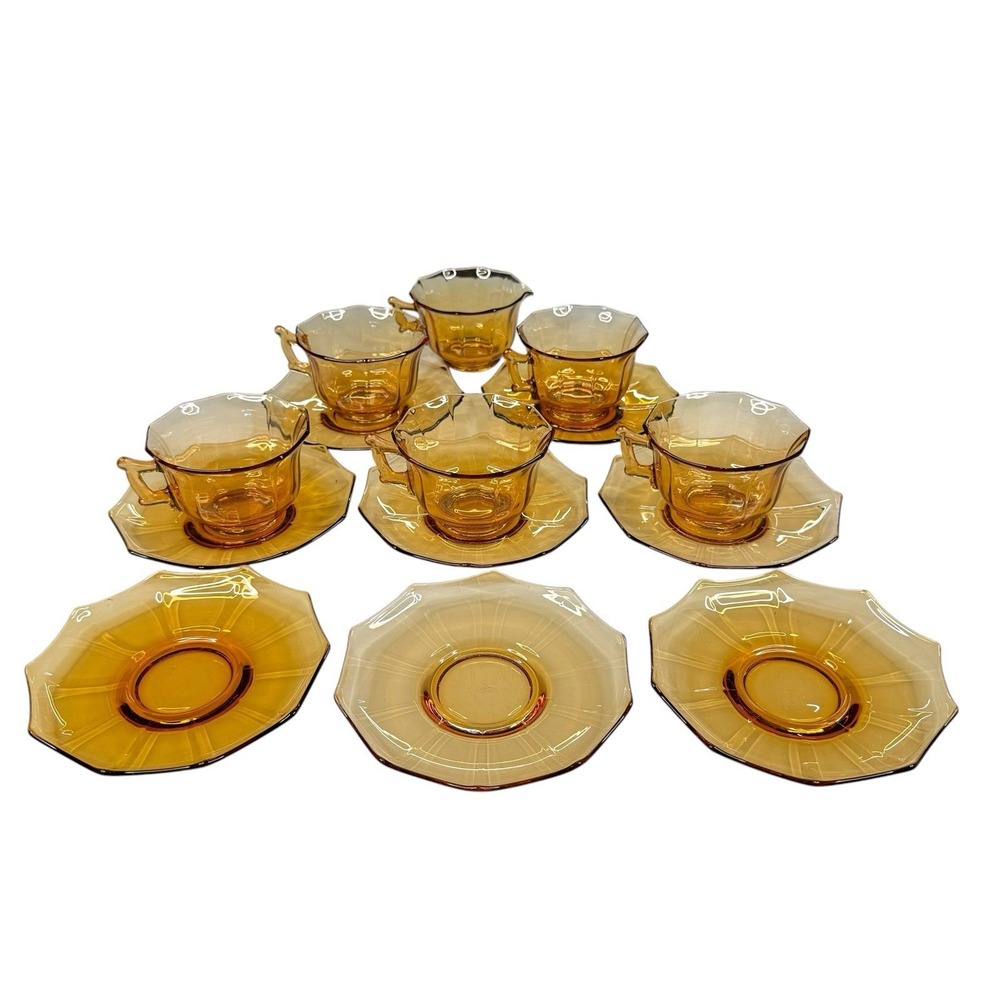 Cambridge Glass Amber Cup and Saucer Decagon Pattern - 14 Piece Set